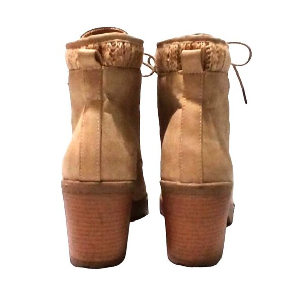 Just Fab Ankle Boot Women 11 Tan Lace Up Chunky Heel Knit Cuff Faux Leather - Picture 4 of 7